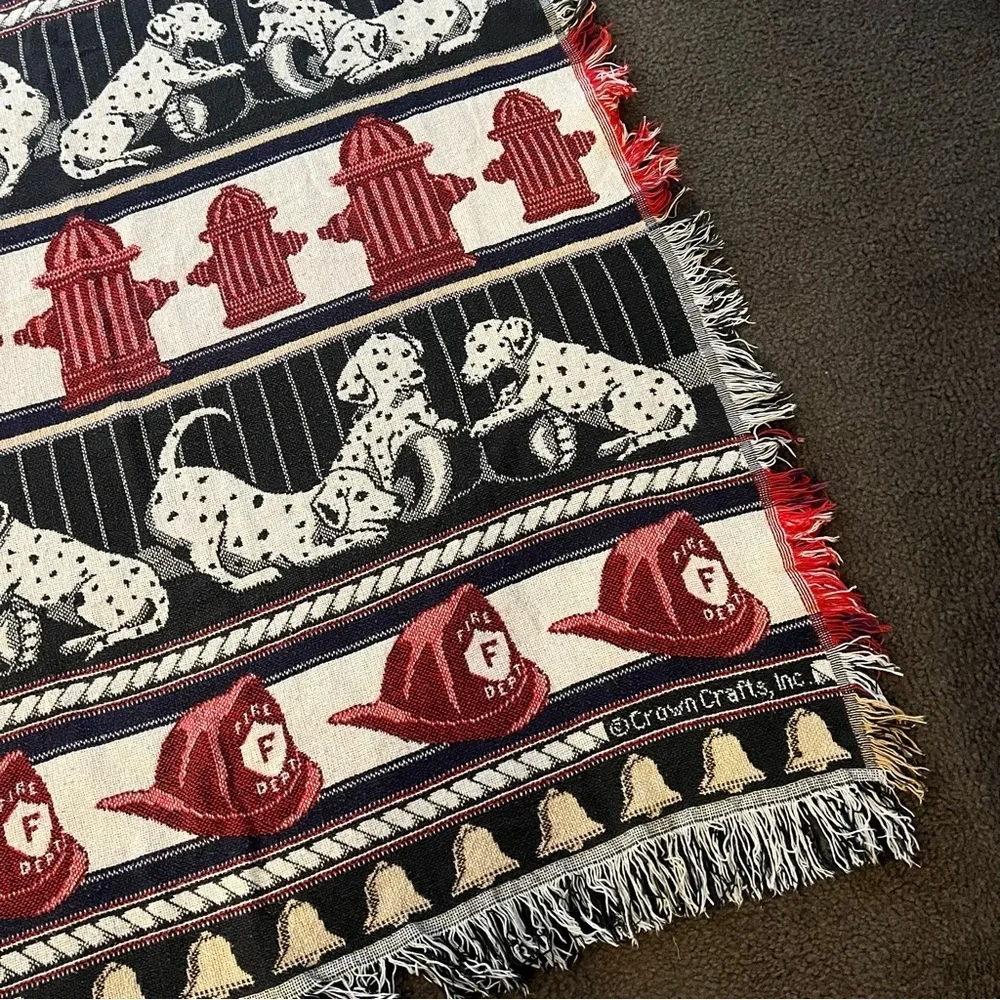 Vintage Crown Crafts Dalmatian Fireman Hydrant Tapestry Throw Blanket